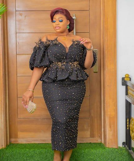 Off-Shoulder Embellished Peplum Feathered Dress: Wedding Guest Mother of The Bride Birthday Cocktail Party