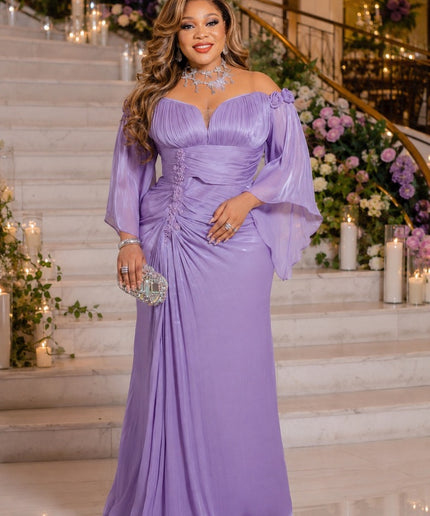 Glamorous Red Off-The-Shoulder Summer Wedding Guest Dress Ruched 3D Rosette Cape-Style Sleeve Draped Formal Evening Gown for Mother of The Bride Anniversary Gala Birthday Party Outfit Plus Size