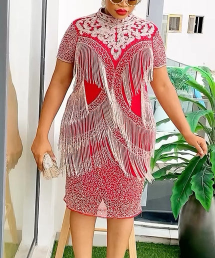 Fringe Beaded Embroidered Midi Dress | Cocktail Birthday Party Wedding