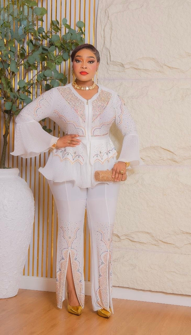 White Rhinestone Embellished Ruffle Peplum Bell Sleeve Split Pants, 2-Piece Party Outfit, Cocktail Dinner Birthday Party Reception Church Gala Anniversary