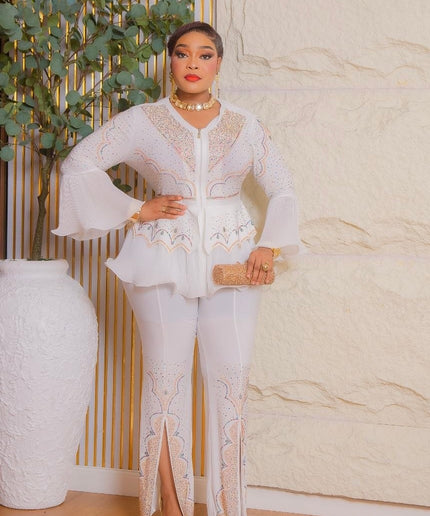White Rhinestone Embellished Ruffle Peplum Bell Sleeve Split Pants, 2-Piece Party Outfit, Cocktail Dinner Birthday Party Reception Church Gala Anniversary