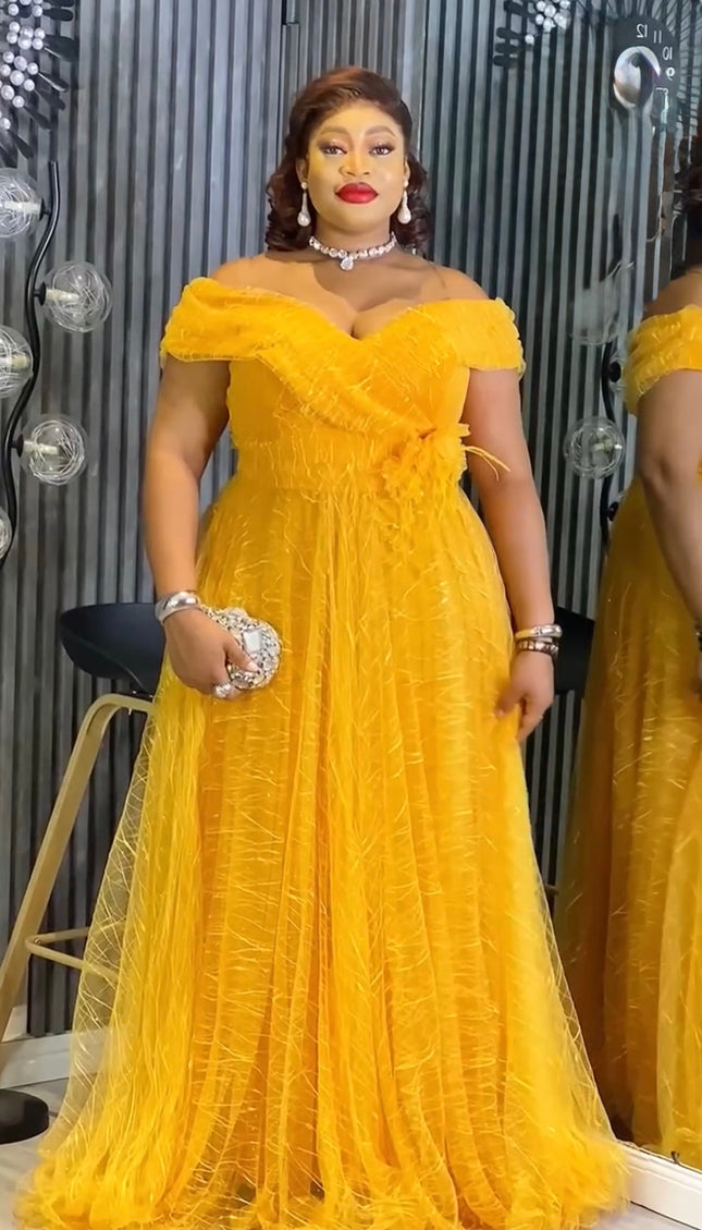 Yellow Off-The-Shoulder Fit & Flare Maxi Dress