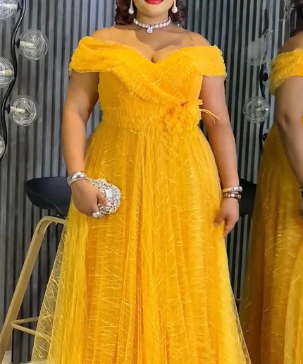 Yellow Off-The-Shoulder Fit & Flare Maxi Dress