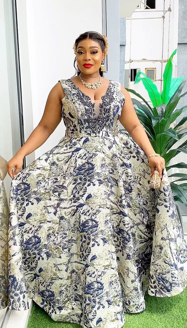 Metallic Gold Jacquard Brocade Embellished A-Line Gown | Mother of The Groom Anniversary Gala Graduation