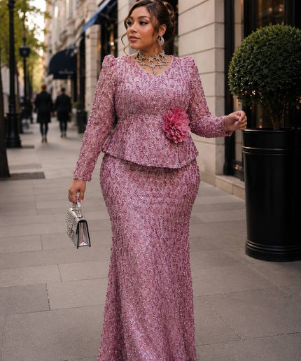 Green Bead-Embellished 3D Flower Peplum Dress for Wedding Guest Celebrant Birthday Cocktail Reception Mother of The Bride Church Gala