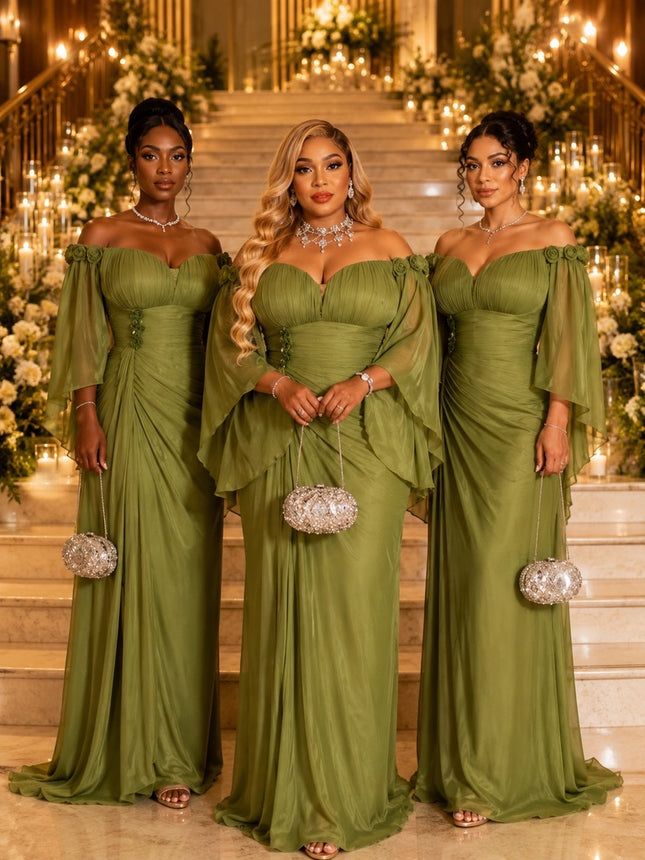 Luxury Green Off-Shoulder 3D Flower Ruched Maxi Dress Flutter Sleeve Draped Formal Evening Gown for Mother of The Bride Wedding Guest Anniversary Gala Birthday Party Outfit Plus Size
