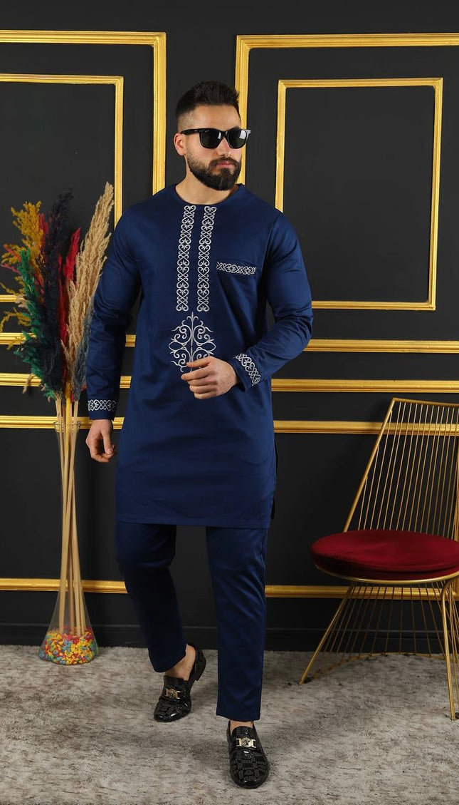 Luxury African Men’s 2 Piece Outfit, Blue Embroidered Cotton Shirt & Pants: Wedding Attire Birthday Party Graduation