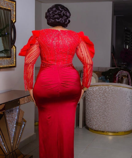 Red Beaded Ruffle Sleeve Ruched Draped Evening Dress: Mother of The Bride Wedding Guest Cocktail Party