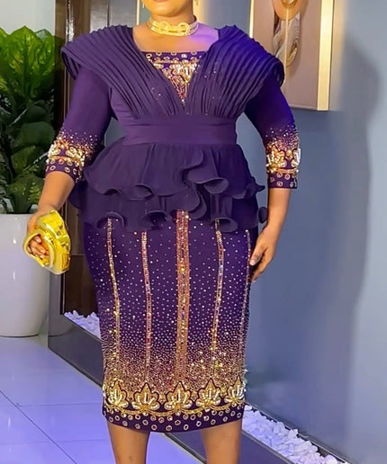 Black Dramatic Ruffle Shoulder Rhinestone-Embellished Peplum Midi Dress: Wedding Guest Cocktail Birthday Dinner