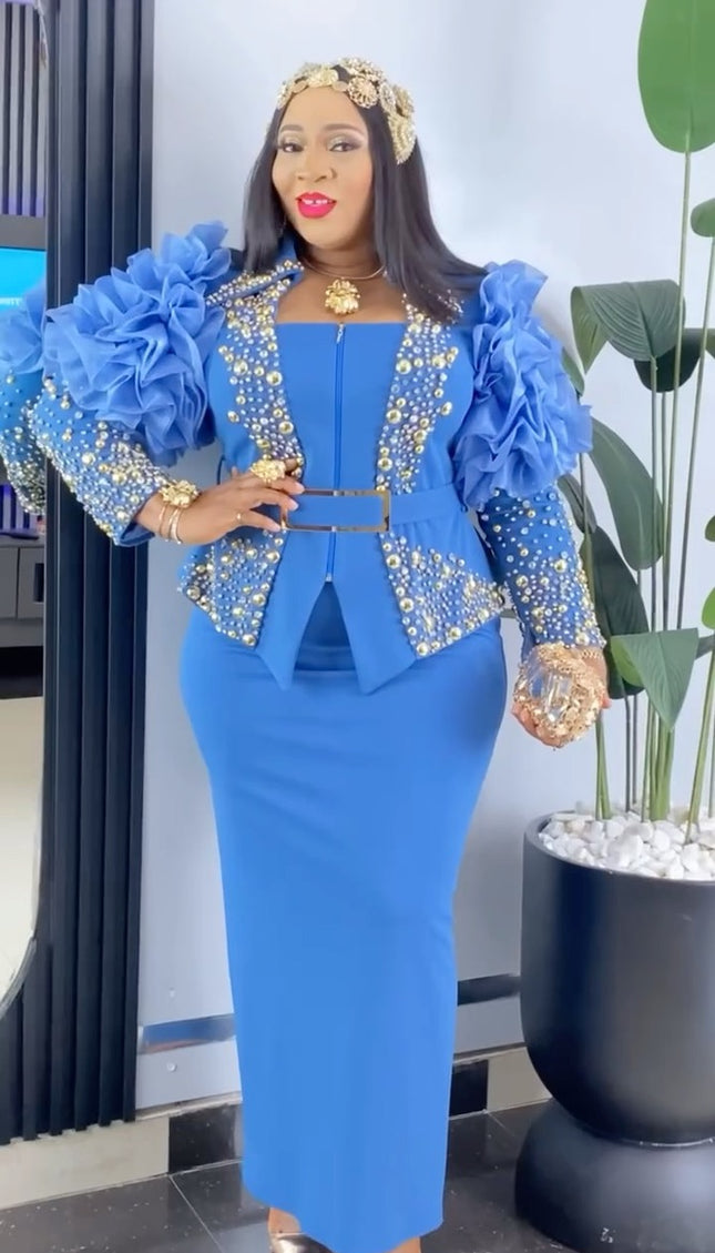 Dramatic Ruffle Sleeve Embellished Top and Skirt
