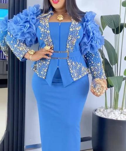 Dramatic Ruffle Sleeve Embellished Top and Skirt