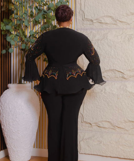 White Rhinestone Embellished Ruffle Peplum Bell Sleeve Split Pants, 2-Piece Party Outfit, Cocktail Dinner Birthday Party Reception Church Gala Anniversary