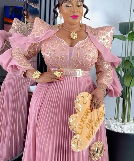 Pink Embellished Ruffle Long Sleeve Pleated Maxi Dress