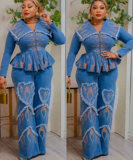 Denim & Diamond 2-Piece Set – Luxury Embellished Top & Wide-Leg Pants for Plus Size Women, Birthday Party Outfit Ladies Night Dinner