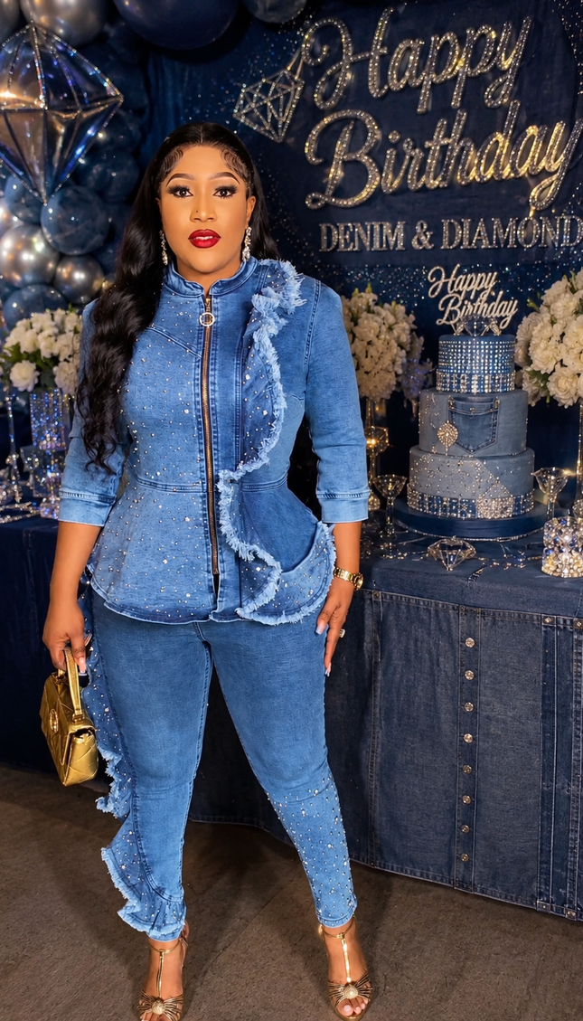 Blue Ruffle Denim & Diamonds 2-Piece Set Matching Peplum Stretch Jeans Cotton Birthday Party Outfit Ladies Night Date Concert Dance Graduation