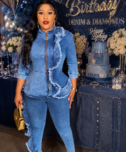 Blue Ruffle Denim & Diamonds 2-Piece Set Matching Peplum Stretch Jeans Cotton Birthday Party Outfit Ladies Night Date Concert Dance Graduation