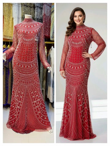 Orange Bead-Embellished Long Sleeve Mermaid Gown: Wedding Guest Attire Mother of the Bride Birthday Party Prom Dress