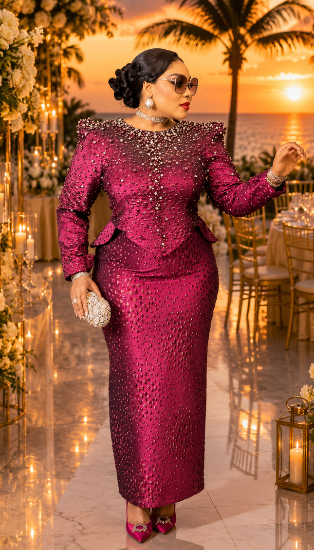 Luxury Magenta Brocade Beaded Peplum Power Shoulder Top & Skirt Outfit for Party Celebrant Birthday Cocktail Reception Wedding Church Mother The Bride