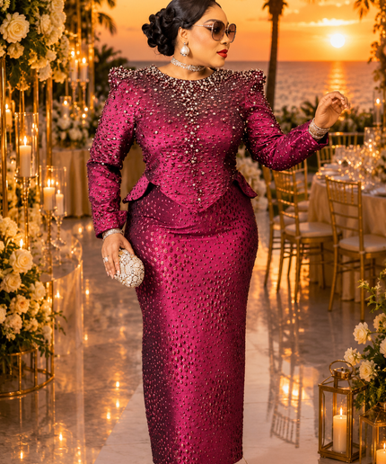 Luxury Magenta Brocade Beaded Peplum Power Shoulder Top & Skirt Outfit for Party Celebrant Birthday Cocktail Reception Wedding Church Mother The Bride