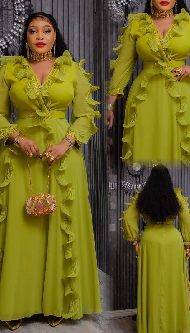 Luxury Green Embellished Ruffle Maxi Dress Summer Wedding Guest Birthday Cocktail Reception Dinner Church Anniversary Party Outfit