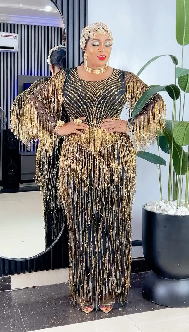 Gold Fringe Crystal-Embellished Maxi Dress | Wedding Special Occasion FASHIONISKO Gold Fringe Crystal-Embellished Maxi Dress | Wedding Special Occasion FASHIONISKO