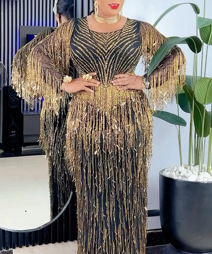 Fancy Fringe Crystal-Embellished Maxi Dress