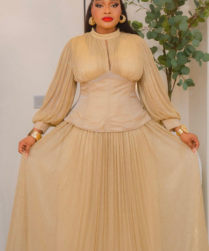 Gold Embellished Corset Pleated Maxi Dress: Mother of The Bride Birthday Party Cocktail Gala Formal Evening Gown Floor Length