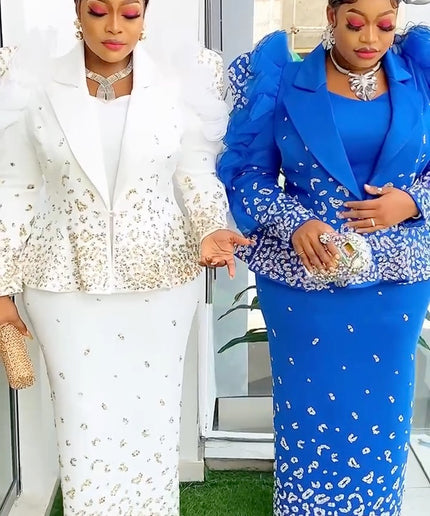 Statement Embellished Ruffle Jacket & Dress Matching 2 Piece Women's Suit - Wedding Guest Mother of The Bride or Groom