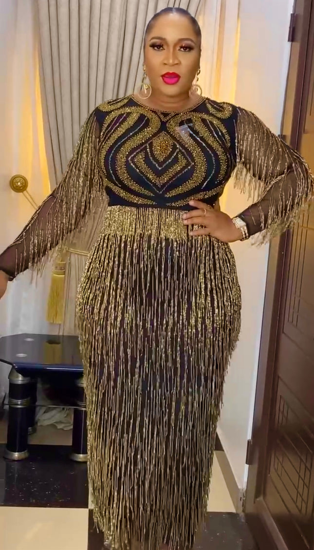 Gold Beaded Fringe Maxi Dress Embellished Wedding Guest Dress Birthday Party Cocktail Dinner Celebrant Worthy