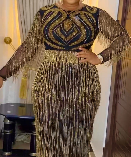 Gold Beaded Fringe Maxi Dress Embellished Wedding Guest Dress Birthday Party Cocktail Dinner Celebrant Worthy