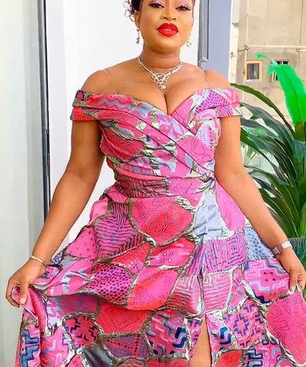 Dramatic Black Off-The-Shoulder Brocade Maxi Dress with Slit for Mother of The Bride Wedding Guest Cocktail A-Line Gown