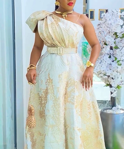 Black and Gold Brocade Plus Size Mother of The Bride One Shoulder A-Line Gown, Summer Wedding Guest Maxi Dress Front Slit, Cocktail Gala Party