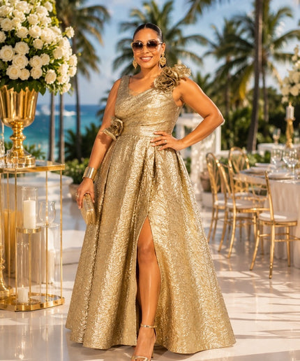 Gold Brocade One-Shoulder Ruffles Maxi Dress with Slit & Pleats Formal Evening Gown Floor-Length Mother of The Bride Wedding Guest Cocktail Birthday Reception