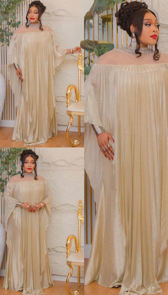 Gold Embellished Pleated Kaftan Asymmetrical Dress: Wedding Guest Attire, Mother of The Bride Outfit Graduation Cocktail Birthday Party