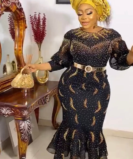 Black & Gold Embellished Tiered Ruffle Maxi Dress Party Cocktail Wedding Guest Mother of The Bride Formal Evening Gown