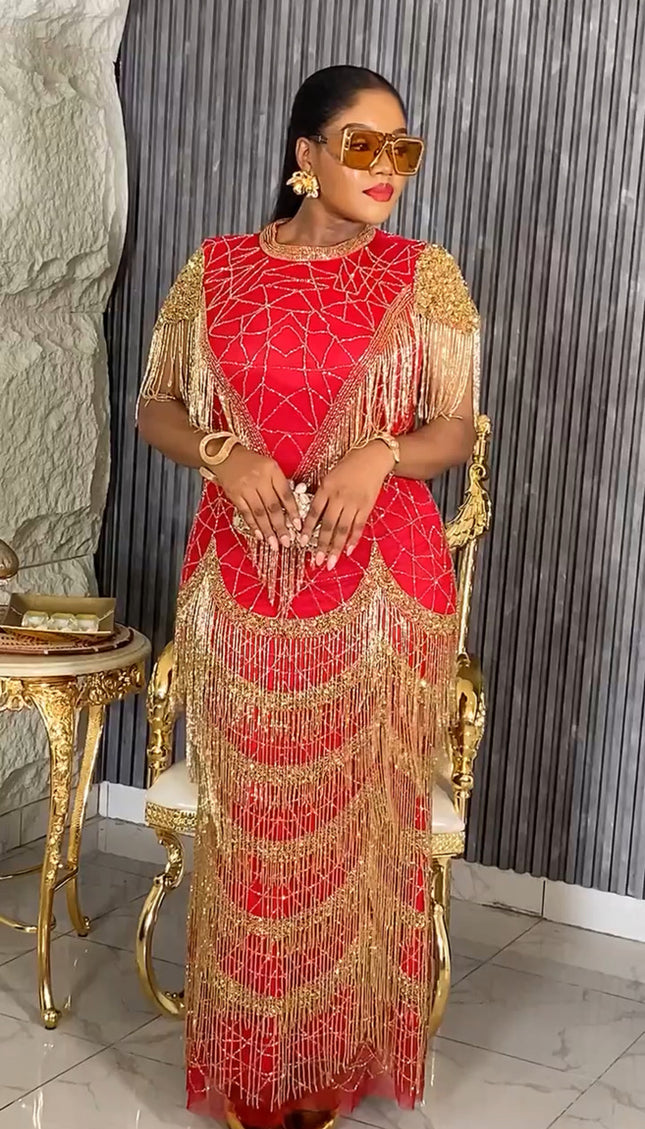 Crystal Beaded Fringe Embellished Maxi Dress | Anniversary Cocktail Birthday Reception Wedding Guest