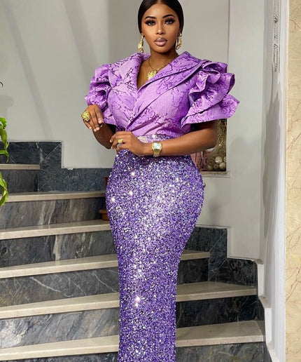 Sparkly Sequin Wedding Guest Ruffle Dress Brocade, Mother of The Bride Evening Gown Plus Size, Cocktail Birthday Anniversary
