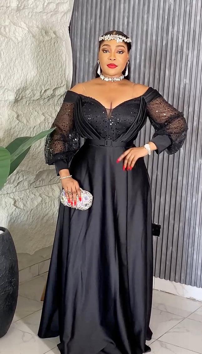 Off-The-Shoulder Sequin A-Line Gown | Party Birthday Bridal Graduation Mother of The Bride Wedding Guest