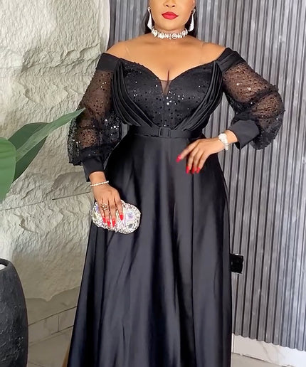 Off-The-Shoulder Sequin A-Line Gown | Party Birthday Bridal Graduation Mother of The Bride Wedding Guest