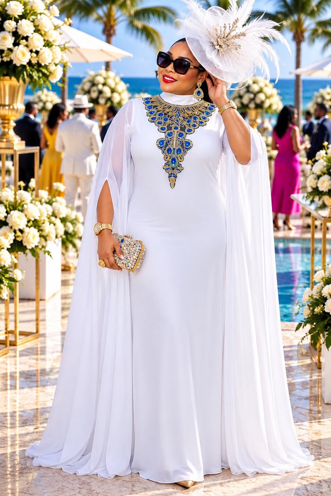 White Sequin Embroidery Draped Sleeves Kaftan Maxi Dress for Mother of The Bride Birthday Dinner Church Anniversary Mother of The Bride