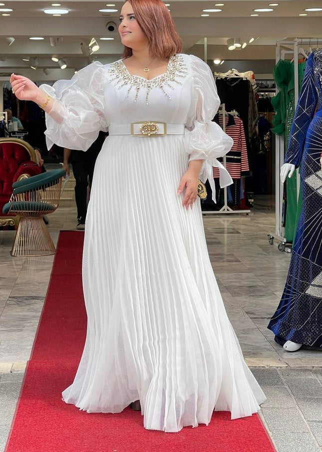 Dramatic Sleeve Embellished Pleated White Maxi Dress