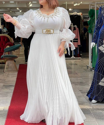 Dramatic Sleeve Embellished Pleated White Maxi Dress
