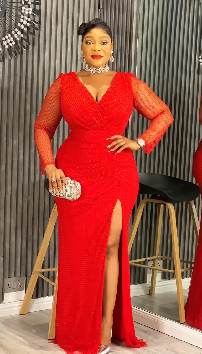 Red Ruched Maxi Dress with Slit - Cocktail Wedding Photoshoot Anniversary