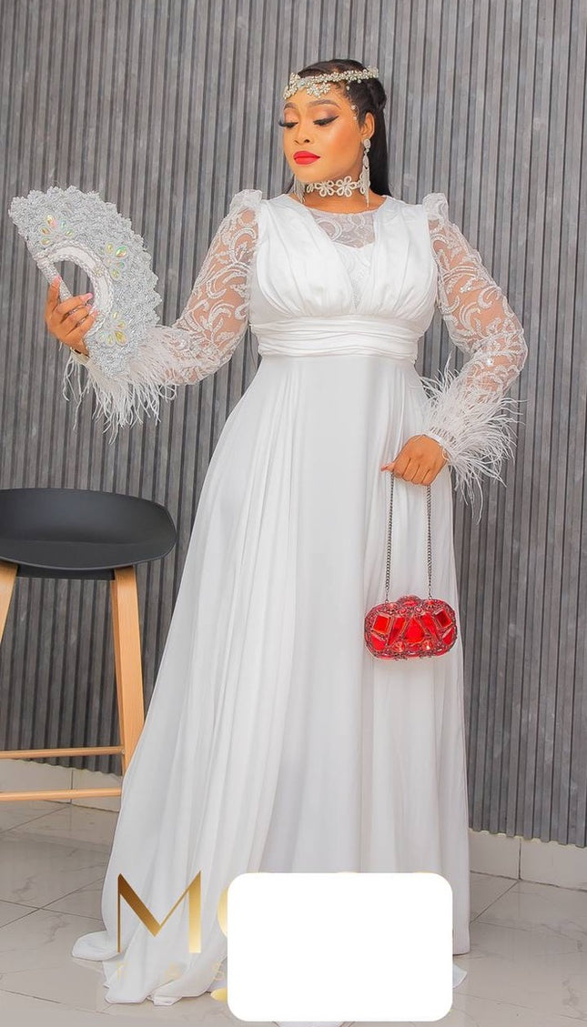 White Sequin Feather Detail Sleeve Evening Gown | Bridal Wedding Anniversary Gala