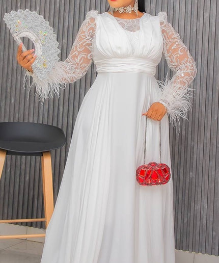 White Sequin Feather Detail Sleeve Evening Gown | Bridal Wedding Anniversary Gala