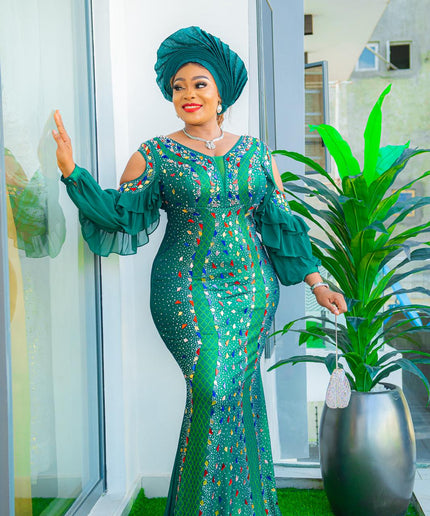 Green Dramatic Ruffle Sleeve Cold Shoulder Embellished Mermaid Dress for Wedding Guest Photoshoot Cocktail Party Mother of The Bride