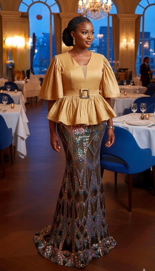 Gold Sequin Peplum Mermaid Dress