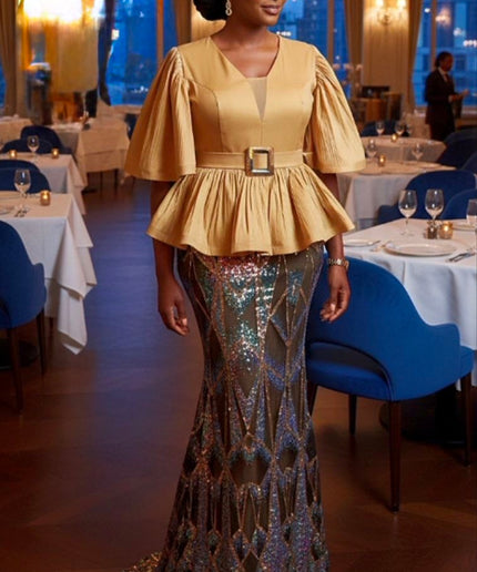 Gold Sequin Peplum Mermaid Dress