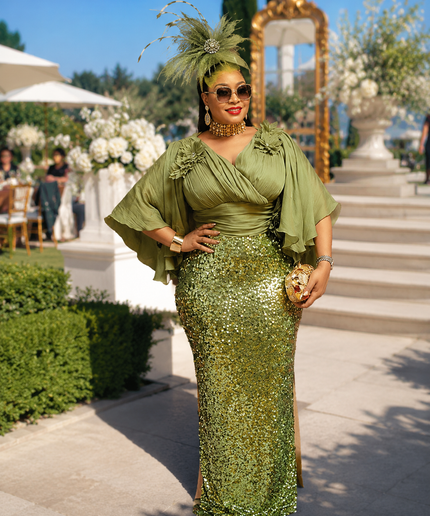 "Golden Hour Glam" Sequin Flare Sleeve Floral Maxi Dress for Mother of The Groom Bridal Photoshoot Formal Evening Gown Special Occasion Plus Size