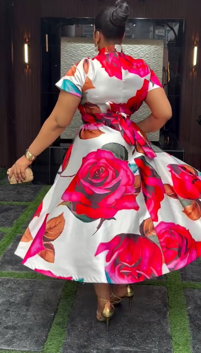 Pink Floral Skater Midi A-Line Dress for Cocktail Party Birthday Wedding Guest Dinner Reception Photoshoot